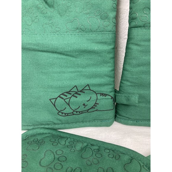 Green Cotton Silicone Paw print Cat Oven Mitts and Potholders Set Grill Glove - Picture 2 of 16
